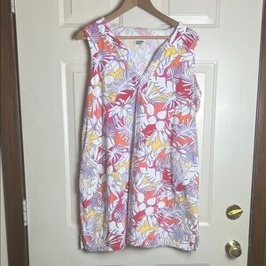 Lands' End Sleeveless V-Neck Mini Dress in White, Red, Orange & Yellow Floral